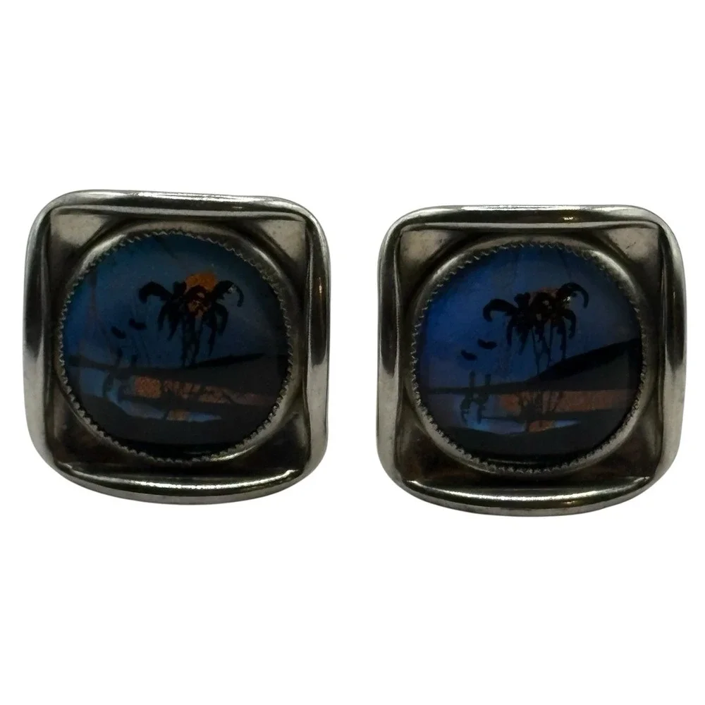 Tropical Island Cufflinks Beach Theme Vacation Vintage Silver‎ Tone Palm Trees
